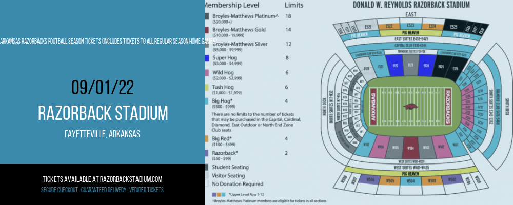 2022 Arkansas Razorbacks Football Season Tickets (Includes Tickets To All Regular Season Home Games) at Razorback Stadium tickets 2022 Arkansas Razorbacks Football Season Tickets (Includes Tickets To All Regular Season Home Games) at Razorback Stadium
